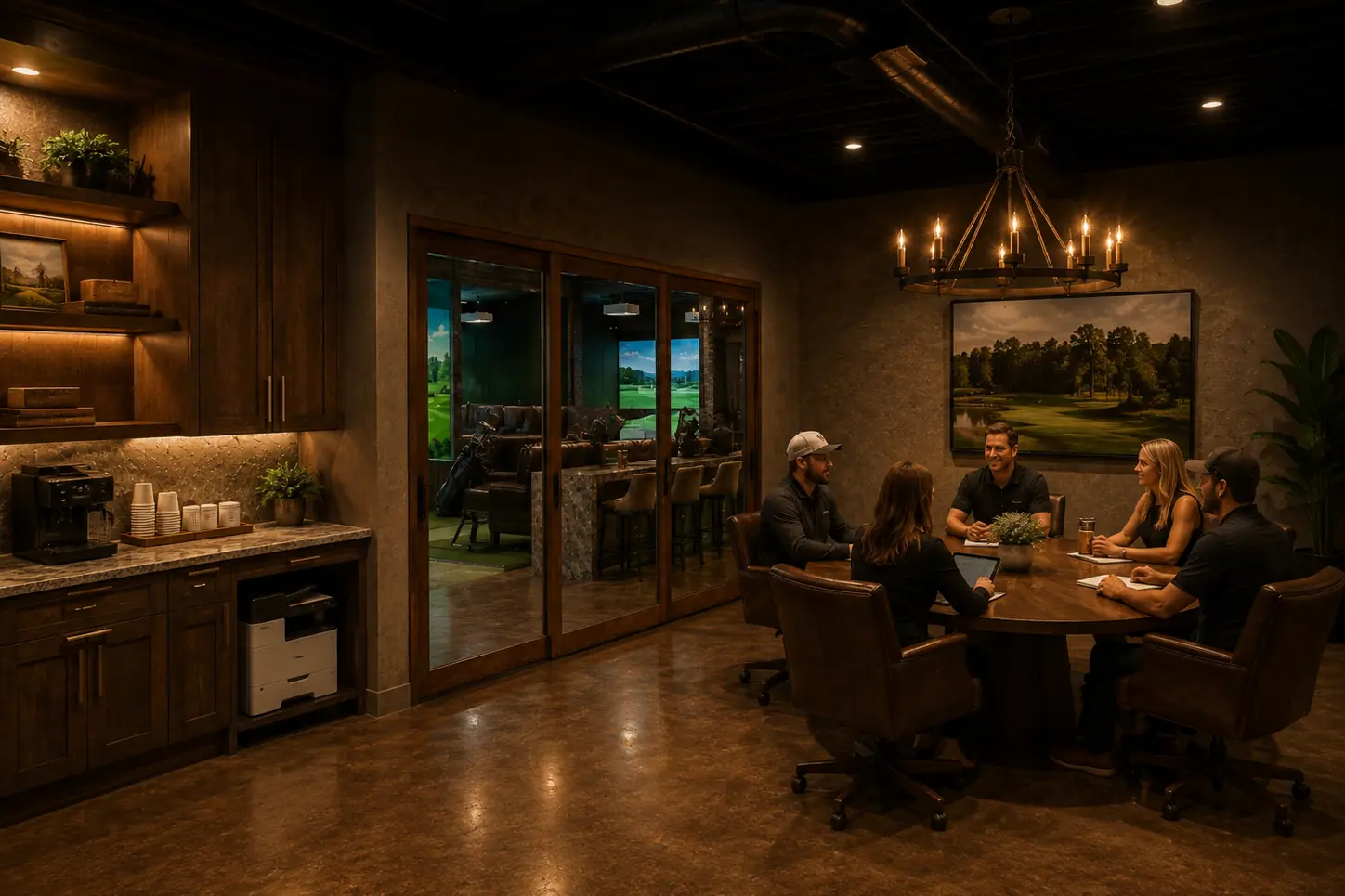 Concept rendering of a conference room with a round walnut table, leather chairs, and glass doors toward golf bays.