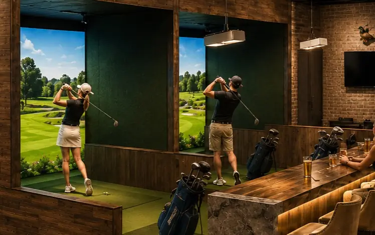 Concept rendering of two wood-framed golf simulator bays beside a stone bar with leather stools.